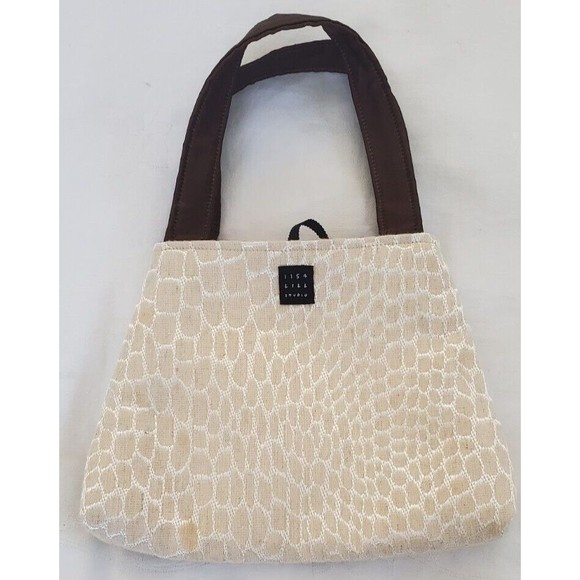 Small Lisa Lill Studio Brown Beige Pink Flower Bag Tote Tie Closure Reversible - Picture 1 of 10